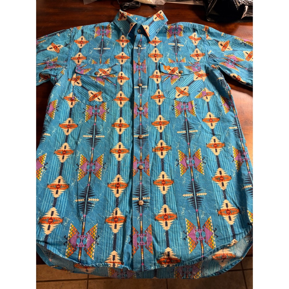 Panhandle Select Mens Blue Southwestern Tribal Print Short Sleeve Western Shirt